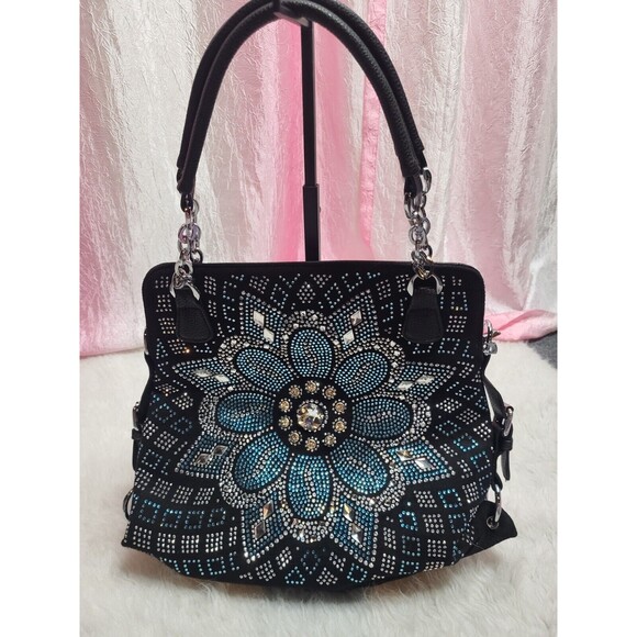 Boho Flower Blue Rhinestone Covered Floral Pattern Handbag Purse - Picture 9 of 9